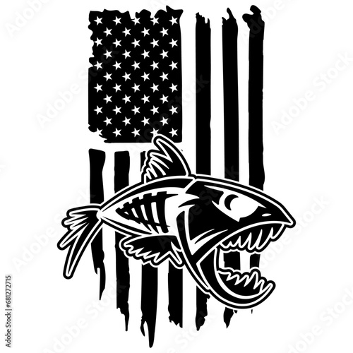 Angry Fish Silhouette, Angry Fish in USA Flag Distressed, Graphic Cut Files