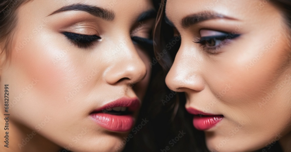 Dos mujeres jóvenes hermosas a punto de besarse. Bien maquilladas y buen cutis.