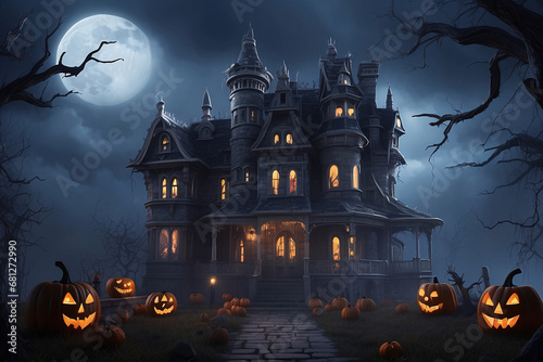 mysterious and scary halloween castle night view