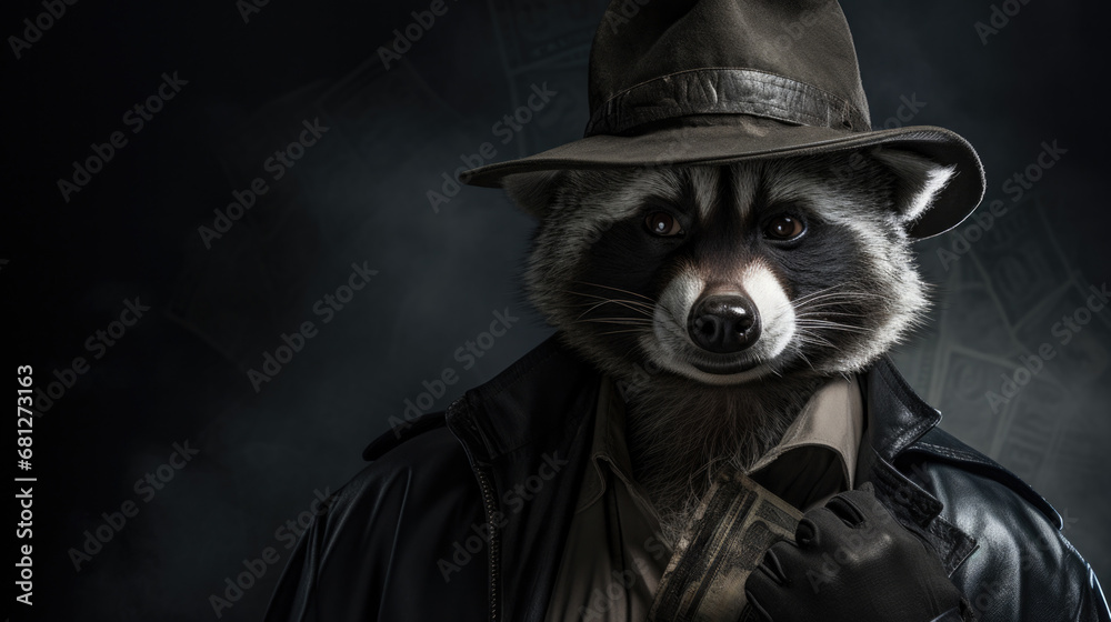 A raccoon wearing a hat and leather jacket.  Dark nuare. Generative AI. - obrazy, fototapety, plakaty 