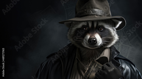 A raccoon wearing a hat and leather jacket. Dark nuare. Generative AI.
