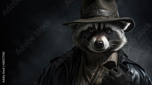 A raccoon wearing a hat and leather jacket.  Dark nuare. Generative AI. photo