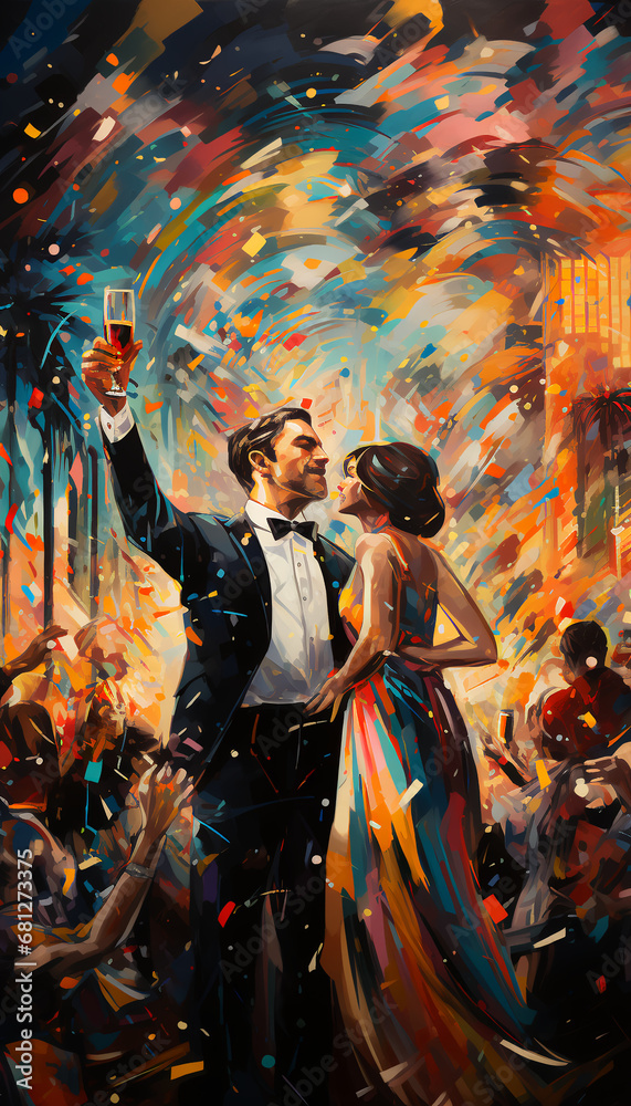 New year’s eve celebration - party - formal dress - ball - gown - tuxedo - festive illustration  - champagne toast 