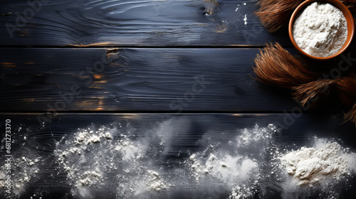 Flour spilling on black wooden background. Fresh bread on black background. Top view with copy space. Bakery concept. Generative AI technology.
