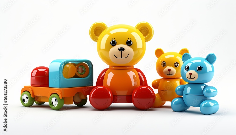 A set of colorful children's toys isolated on a white background A set of colorful children's toys isolated on a white background