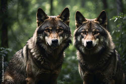 two gray wild wolves in nature