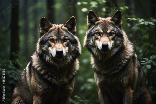 two gray wild wolves in nature