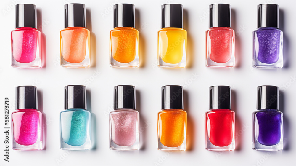 Set of colored nail polish on white background. Top view. Set of colored nail polish on white background. Top view.