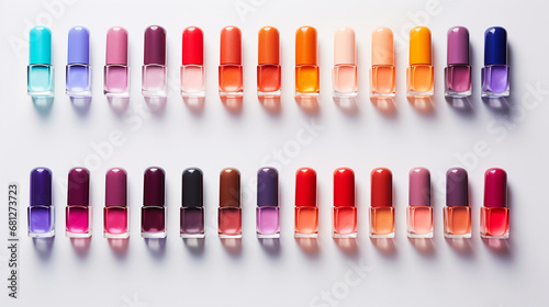 Set of colored nail polish on white background. Top view. 