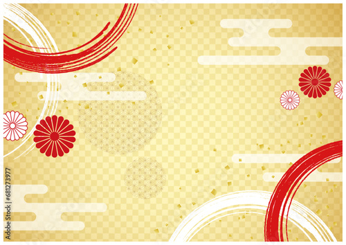 金箔の金屏風な和柄の和風赤輪と花のフレーム年賀状素材