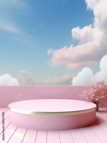 Natural beauty podium backdrop for product display with dreamy sky background. Romantic 3d scene, generative ai