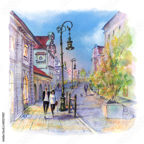 Watercolor sketch of evening Paderewski street in Old town of Poznan, Poland photo