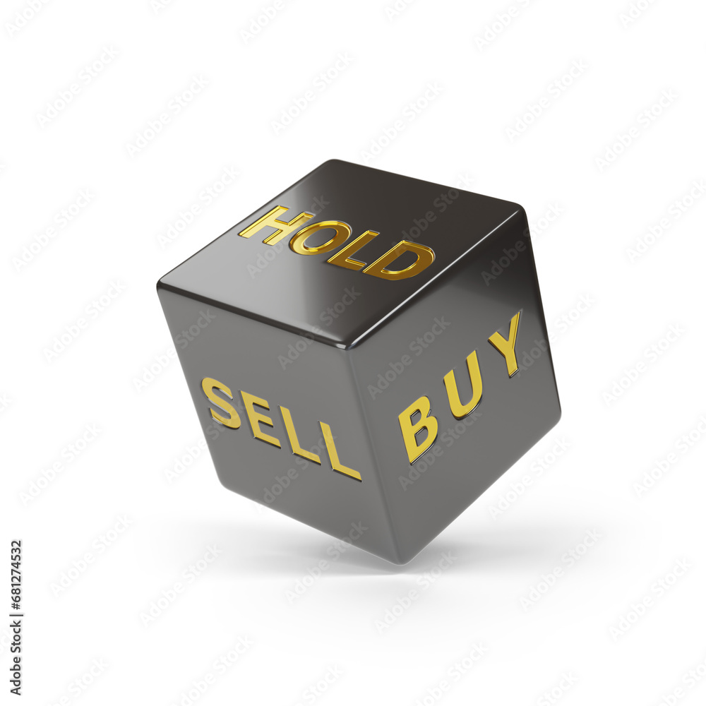 Rolling black dice with words sell, buy and hold isolated on white background. 3d illustration. Rolling black dice with words sell, buy and hold isolated on white background. 3d illustration.
