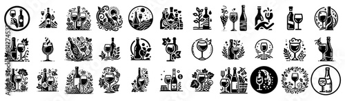 The Art of Wine: Minimalist Wine Bottle and Glass Icon Graphics