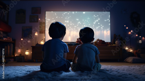 夜中にテレビゲームをする幼い兄弟の後ろ姿
