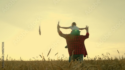 Family, dad kid with child on their shoulders run through wheat field. Child dreams of fly. Kid daughter father play, enjoy nature outdoor, dream of flying, super hero. Dad, girl child walk together