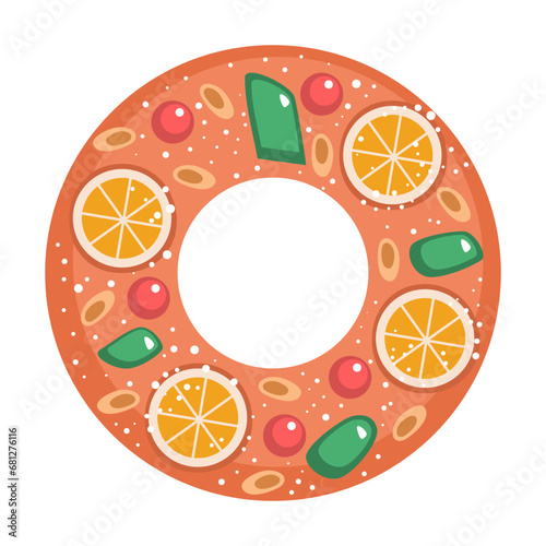 Roscon de Reyes, three wise men holiday typical food isolated on white background vector illustration. Spanish traditional Epiphany day pastry