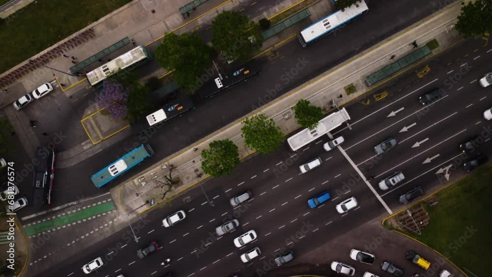 Top view, bus lane separated from the main road in the city of Buenos Aires Top view, bus lane separated from the main road in the city of Buenos Aires
