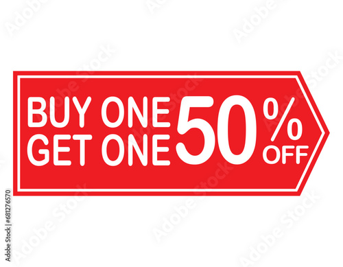 Buy 1 get 1 50% off red label sign. Buy 1 get 1 50% off red banner. Vector Illustration.