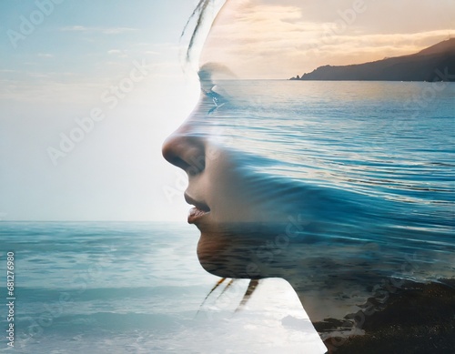 Tableau sur toile 女性の横顔を海の二重露光ポートレート