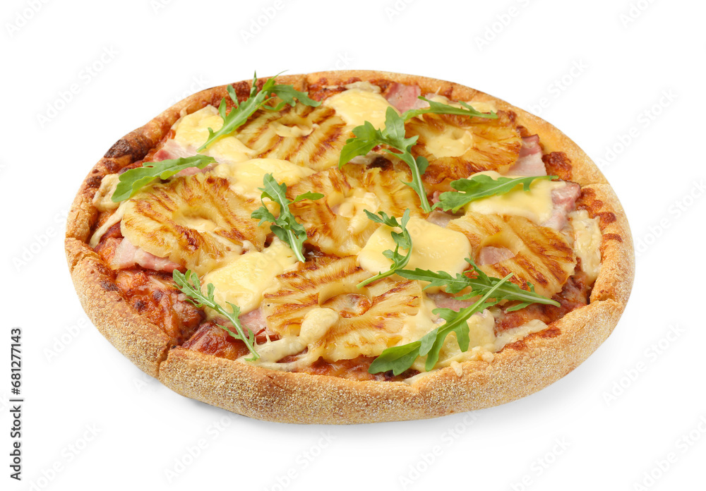 Delicious pineapple pizza with arugula isolated on white