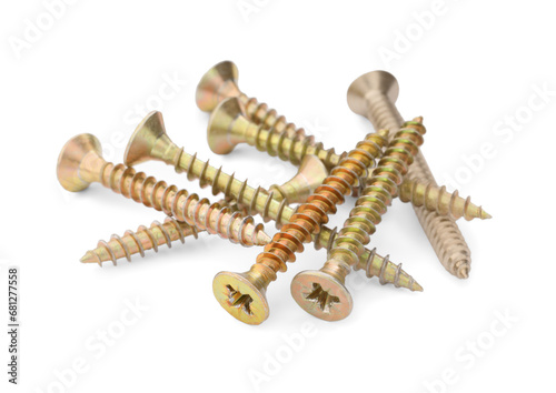 Metal screws isolated on white. Hardware tools