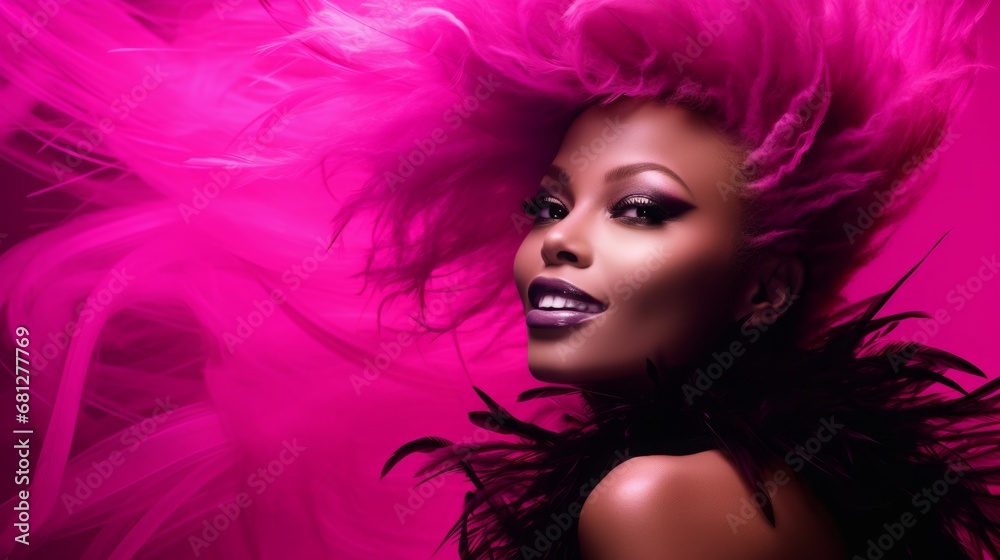 Close up portrait of a beautiful woman with pink feathers, posing with carnival mask or fun costume. Vivid, bold fuchsia color, dark black background. Concept of fashion photography or sensuality