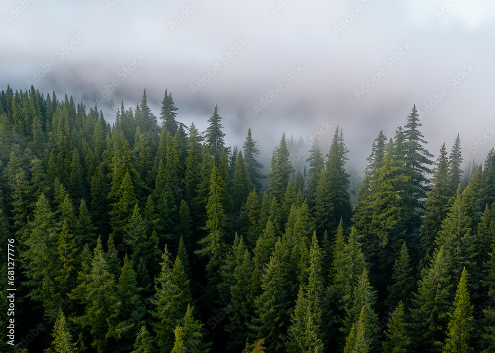 Fototapeta premium pine forest in the fog seen from the air