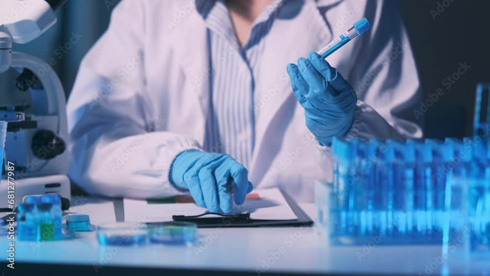 Medical or scientific researcher or female doctor looking at a test tube of clear solution in a laboratory Medical or scientific researcher or female doctor looking at a test tube of clear solution in a laboratory