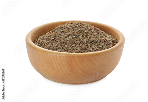 Bowl of dry dill seeds isolated on white