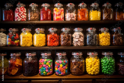 An enticing display of assorted licorice candies in a vintage candy store, featuring a variety of flavors, colors, and shapes, inviting the viewer to take a closer look