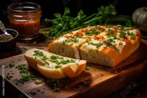 A close-up shot of freshly baked garlic bread, still warm from the oven, served on a rustic wooden table with a side of marinara sauce for dipping, garnished with fresh parsley photo