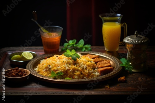 A Traditional Glass of Borhani Served at a Bangladeshi Wedding, Garnished with Fresh Mint and Paired with a Plate of Spicy Biryani, Captured in a Rustic Setting