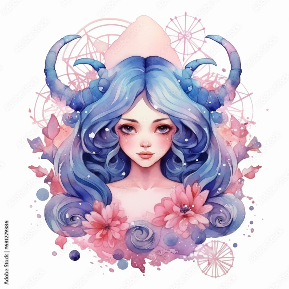 The girl in the image represents the symbol of Cancer. Beliefs, individual horoscope, analysis of characteristics of the date of birth. Cute illustrator for the zodiac watercolor and vintage style - obrazy, fototapety, plakaty 