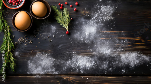 Old dark cooking board. Spices and herbs on rustic wooden background. Top view with copy space for text. Generative AI technology.