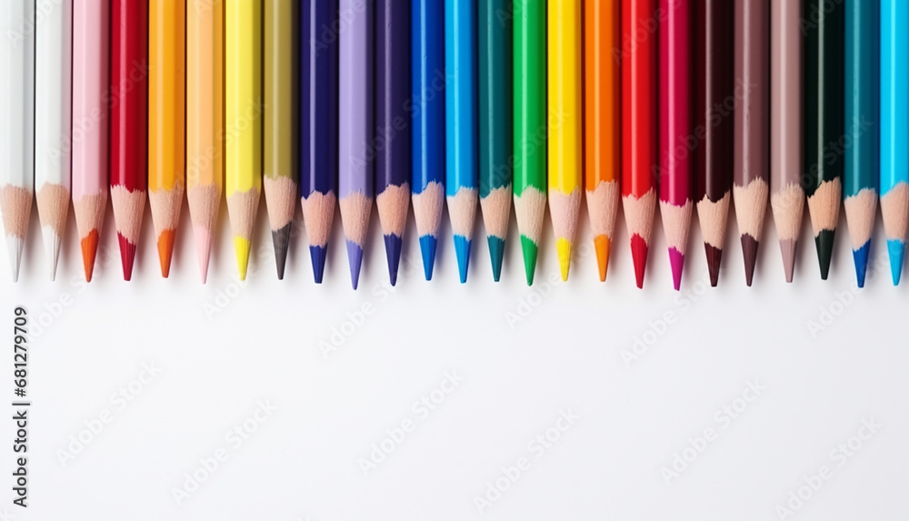 Pencils of different colors are lined up on a white background. Great art, craft and school education Pencils of different colors are lined up on a white background. Great art, craft and school education