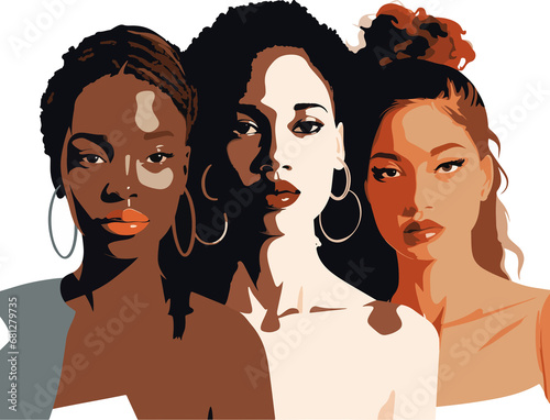  illustration of three women have a different race, in pop art style, isolated on a white background