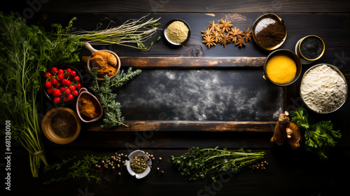 Old dark cooking board. Spices and herbs on rustic wooden background. Top view with copy space for text. Generative AI technology.