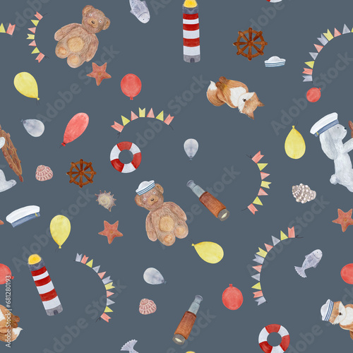 Watercolor sailor toys celebration pattern on grey photo