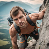 Hombre escalador musculoso escalando una alta montaña 