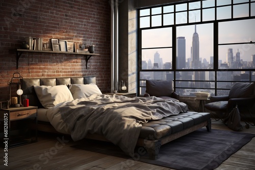 A modern bedroom with floor-to-ceiling windows that offer breathtaking views of the city skyline. The room is decorated in a minimalist style, with white walls, light wood furniture, and sleek lines
