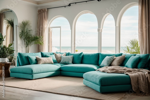 Living room interior, Modern living room, Fabric sofas with turquoise pillows, Coastal home interior design of seaside house