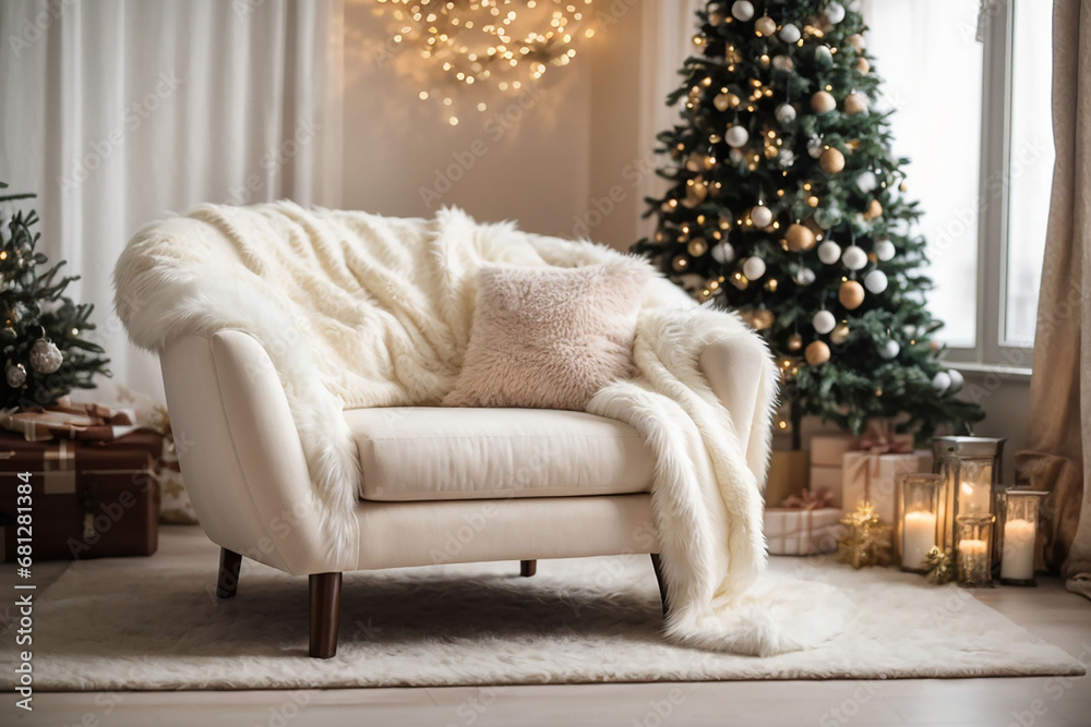 Luxury living room, Chair with fur plush blanket near decorated christmas tree, New year winter holiday home interior design of modern living room