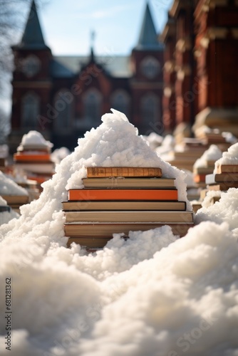 a stack of books lies in the snow and is covered with snow against the background of a university building. 