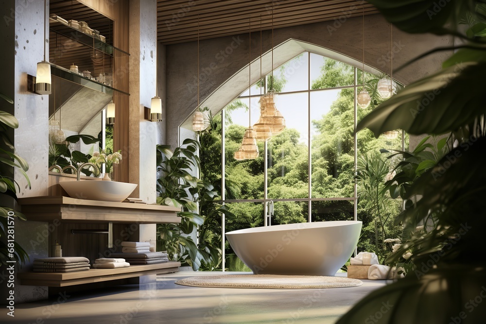 A spacious and modern bathroom with a freestanding bathtub, glass shower, and double vanity. The freestanding bathtub is the focal point of the room A spacious and modern bathroom with a freestanding bathtub, glass shower, and double vanity. The freestanding bathtub is the focal point of the room