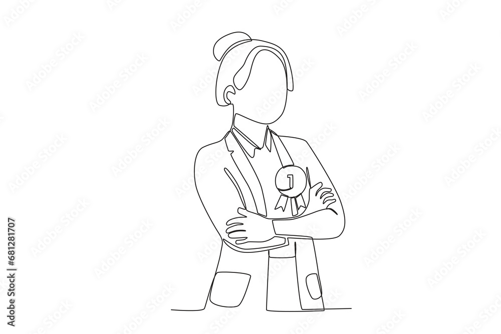 Continuous one line drawing the best female employee is with her badge. Single line draw design vector illustration
Continuous one line drawing the best female employee is with her badge. Single line draw design vector illustration