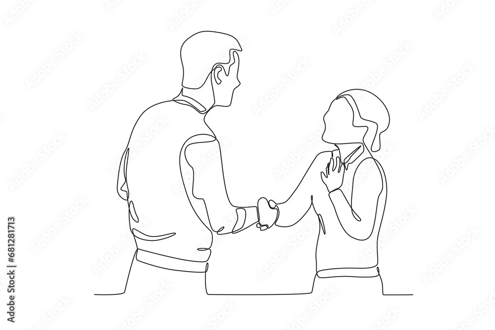 Continuous one line drawing the best female employee who is very happy to shake hands with superiors. Single line draw design vector illustration
