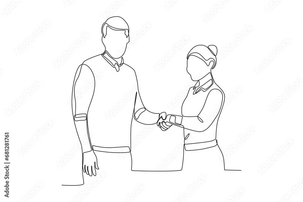Continuous one line drawing a boss shaking hands with the best female employee. Single line draw design vector illustration