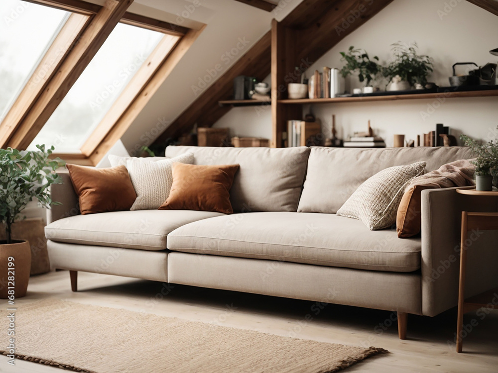 Fototapeta premium Modern living room, Living room interior, Corner sofa against shelving unit, Scandinavian home interior