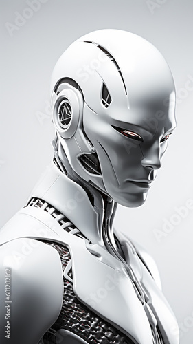 vertical, mail robot cyborg on a white background, man portrait head, fictional abstract character